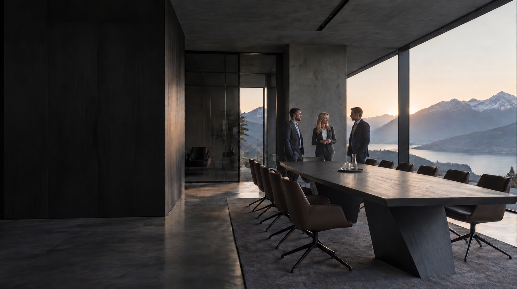Moderner Boardroom mit Alpenblick, kleiner Karaffe und Gläsern auf dem Tablett sowie einer blonden Frau zwischen zwei Männern am hinteren Tischende